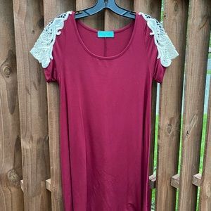 Maroon T-Shirt Dress with Lace Accent Sleeve